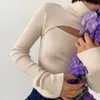 Tasarımcı Gömlek T Shirt Giyim Kadın Seksi İnce Üstler Oymak Kadın TShirt Rahat Uzun Kollu Örme Balıkçı Yaka Üst Düz Renk Açık Göğüslü Örgü Üst Kazak