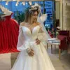 Arabic Simple Sexy Wedding Dresses A Line Formal Bridal Gowns Off Shoulder Illusion Boho Lace Appliques Beads Tulle Beach Floor Length Plus Size Long Sleeves