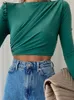 FSDA O Neck Brown Crop Top Women Ruched 90s Y2K Basic Autumn Winter Casual Black Long Sleeve T Shirts Sexy Green 220714