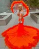 Evening Mermaid Orange Feather Dresses Sexig Deep V Neck Prom Gown Pärlade Applices Aso Ebi Elastic Satin Abendkleider