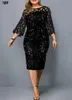 M 5XL Large Size Sequin Stitch Black Hollow Sleeves Blue Women Dress Red Vestido Midi Vestidos Elegantes Para Mujer Robe 220613