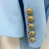 Nieuwe persoonlijkheid topkwaliteit dames tweedelig broek sets passen origineel ontwerp retro sjaal kraag blazer modeshow bijgesneden broek broek sky blauwe zakelijke pakken