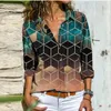 S 5XL Kadınlar Bluz Retro Renkli Baskı Düğmeler Gömlek Sonbahar Uzun Kollu Turn-down Yaka Bayanlar Üst Streetwear Rahat Blusa 220402