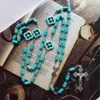 Vintage Blue Stone Rosary Necklace Long Women Men Cross Pendant Necklace Religious Prayer Jewelry