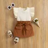 CITGEETT ZOMER KIDS MOOIE GIRL SET SET Korte mouwen geribbelde massieve kleuren tops elastische taille boog knoopkleding J220711