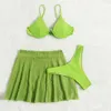 FS Women Green Triangle Badkläder Bälte Hög midja Pleated Kjol Bikini Set Three Pieces Beach Style Solid Color Bathing Suit