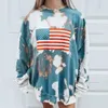 Sudaderas con capucha para mujer Sudaderas 2022 Mujeres Tie Dyed Bandera Americana Impreso Tops de gran tamaño Manga larga Cuello redondo Suelto Casual Jersey Thin Fas