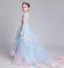 2022 Sevimli Spagetti El Yapımı Çiçek Kız Elbise Yay 3D Çiçekler Prenses Çocuk Kat Uzunluk Gelinlik Elbise Kız Pageant Balo