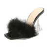 2022 Summer Woman Pumps PVC Transparent fjäder Perspex Crystal High Heels Fur Peep Toe Mules Slippers Ladies Slides Skor Y220412