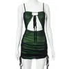 Kvinnor Sexig svart mesh Patchwork Bodycon Mini Dress Strap Cut Out Green Dress spets spetsig Slim UK Robe Summer 220509