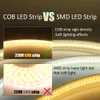 AC 220V COB LED 스트립 라이트 방수 LED 리본 288LEDS/M 고밀도 유연성 및 밝기 3000K 4000K 6000K 테이프