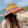 Chapeau de paille de soleil d'été pour femmes, pliable, bohème, bord de mer, couleur arc-en-ciel, Patchwork, chapeau seau, plein air, plage