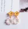 14k Gold Plated Daisy Ear Studs Dangle Chandelier Natural Freshwater Pearl Earrings White Lady/Girl Wedding Fashion Jewelry