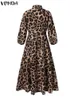 Vonda kvinnor lång maxi klänning vintage leopard tryckt sexig lykta ärm bohemiska vestidos överdimensionerade sommarfest sundress 220407220q