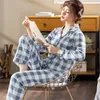 Женская одежда для сна цветы дома носить женскую лацкат хлопковые пижамы для женщин Студенческая печать ночной рубашкой брюки с длинным рукава