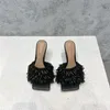 Runway Beaded Weave Summer Slippers Sandals Woman Thin High Heels Slippers Ladies One Strap Sandal Shoes Women