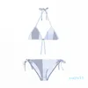 2022-klassisk rutig rand tryckt bikini set damer halter badkläder sling en bit baddräkt sommar rygglös baddräkt för semesterresor