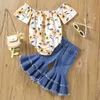 Citgeett Summer Baby Girls Outfits Flower Print Off Axel Short Sleeve Rompers på Flare Pants Clothing Set J220711