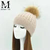 Invierno Real Fur Ball Beanie Gorro de punto grueso Mujeres Cálido Piel de mapache Pom Poms Skullies Sombreros Gorro de punto de lana J220722