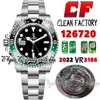 Clean CF GMT II cf126720 VR3186 Orologio da uomo automatico Sprite Lunetta in ceramica verde nera 904L Bracciale in acciaio OysterSteel Mano sinistra Stessa scheda seriale Orologi Super eternity