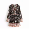 Women vintage crane flower print hem ruffles mini Dress ladies long sleeve patchwork lace up vestidos casual slim Dresses DS2972 210325