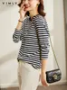 VIMLY Striped T-shirt for Women Long Sleeve O-neck Cotton Autumn Casual Female Tees Loose Top's Clothes F8878 220402