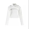 Hollow Gebreide Crop Tops Dames Fitness Fake Tweedelige T-shirt Vrouwelijke Zwart Wit Lange Mouwen Tops 220408