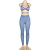 Woman's Two Pieces Pants Summer Fashion Blue Striped Print Bandage Bra Tops and High Waist Pant Sets