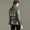 Ftlzz Spring Autumn Lapela Faux Leather Cashet Women Green PU Coat Simplicity Jackets Loose Office Lady Outwear com Cinturão 220815