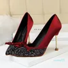 Dress Shoes Women 10cm High Heels Lady Sequins Satin Bowknot Pumps Female Green Party Burgundy Glitter