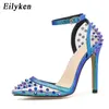 Klänningskor Eilyeken Elegant Blue High Heels Women Pumpar Point Toe Wedding Buckle Strap Party Rivet 220507