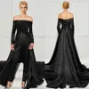 2022 Black Lace Jumpsuits aftonklänningar med löstagbart tåg från axelpärlade formella klänningar långa ärmar paljett prom dr265k