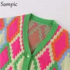 Sampic Winter Women Basic V pescoço malhas de tamanho grande Argyle Cardigans verde 2021 Autumn Moda Y2K Cardigans de malha de malha