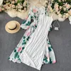 Banulin Summer Fashion Runway Boho Maxi Dresses Women's Long Sleeve Rose Flowers Print Elastic Waist Holiday Elegant Long Dress 220516