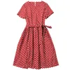 Summer Short Sleeve Round Neck Dress Blue / Red Retro Polka Dot Belted Kne-Length Elegant Frence Style Casual Dresses 22A193044