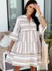 Summer Women's Stripe Print Ruffle Dress Casual V-hals Hög midja Gröna miniklänningar 2022 Spring Fashion Dams Loose Boho Style