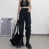 Qweek Techwear Готические черные грузовые брюки панк-стрит одежды хип-хоп Joggers Harajuku высокая талия ленты свободные женские брюки 220325