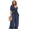 Designer Womens 2 Piece Pants Set Outfits Fashion Bandage Deep v Bat Sleeve Tops Wide-Ben Byxor Passar Summer Casual Clothing