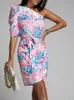 Sexy One-Shoulder-Langarm-Bürokleid für Damen, Vintage-Blumendruck, figurbetontes Kleid mit Schlitz, Sommer, Schrägkragen, rückenfreies Minikleid 220514
