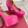 Tan-Go platform pumps shoes Hot pink patent leather high-heeled ankle strap chunky heels block Heel 155mm round toe dress shoe Women Luxury Designers factory footwear