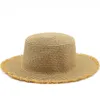 Enkla sommarkvinnor breda brim strandkapslar Tassel Brim Raffia Straw Cap Casual Ladies Sun Hat Flat Top Panama Hats