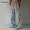 Samlona Pocket Design Linen Pants DrawString Loose Trouser Plus Size 3xl Mens Fashion Birds Feather Print Sweatpants 220712
