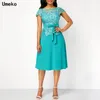 Summer Elegancka moda bown koronkowa patchworka maxi sukienka z paskiem z krótkim rękawem kolano czysta solidna impreza 220615
