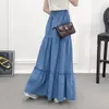 90 cm lengte denim rokken dames veer elastische hoge taille knop shirring patchwork ruche long maxi rok beho jeans falda 220701