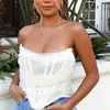 Asia Boned Mesh Corset Tank Top Women Strapless Boning Bustier See Through Sexy Crop Off Shoulder Ruched Tee s 220325