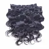 8a 120g / Lot Clip In Human Hair Extensions Brasilianska raka 8st / set 1B Naturlig svart vågig lockig W220401