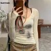 Karrram Style coréen Mesh Top Femmes Tie Dye Imprimé Voir à travers T-shirt Sexy Slim Translucide Sheer Tops Grunge T-shirts Japonais 220728