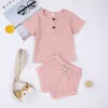 Flickor Kläder Satser Designer Kläder Barn Solid Pit Striped Toppar Byxor Passar Sommar Boutique Baby Shorts Outfits Andas Casual Drawstring Pants