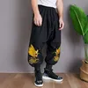Mäns lös bomullslinne släpp Crotch Pants Elastic midja Lantern Baggy byxor broderade Dragon Streetwear