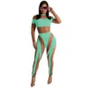 2022 Fall Womens Plus Size Jumpsuits Designer Rompers Sexy Mesh Long Sleeve Splicing Sheer Pants See Through Leggings